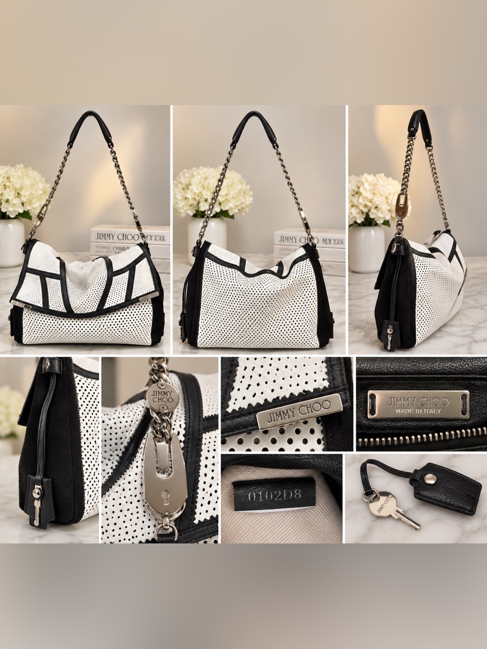Jimmy Choo Ally Perforated Leather Shoulder Bag Black White Chain Lock Key Italy